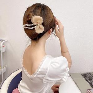 กิ๊บติดผมสาวหวานประดับมุกตาข่าย โบว์ใหญ่รูปทรงไม่สมมาตร กิ๊บติดผมพลาสติกน่ารัก - Product Image 2