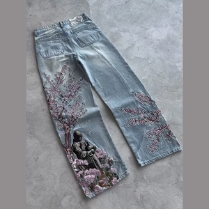 <span class=keywords><strong>Jeans</strong></span> Neri Vintage a Gamba Dritta Oversize per <span class=keywords><strong>Uomo</strong></span>, Lavaggio Acido, Ricamo 3D, Design Hip Hop Invernale - Product Image 1