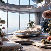 Futuristisches Pod-förmiges Fiberglas-Queensize-Bett mit Glänzender Silberner Umhüllung und LED-Streifen für Moderne Schlafzimmer