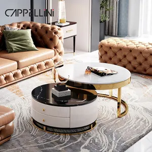 Tavolino da caffè in oro di lusso di alta qualità con piano in metallo in pietra bianca tavolo da tè in acciaio inossidabile moderno e rotondo in marmo