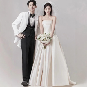 White Strapless Satin Wedding Dress Empire Waist A-Line Minimalist Design For Photoshoots - Product Image 2