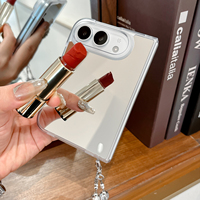 Étui de téléphone transparent de luxe avec miroir, sangle à chaîne perlée, miroir de maquillage, coque arrière transparente, étui de protection pour iPhone Duo Fold