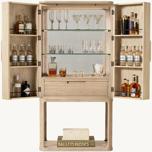 European Oak Wood <b>Bar</b> Cabinet with Handwoven Cane Panels <b>LED</b> <b>Lighting</b> for Luxury Home Hospitality Projects - Product Image 2