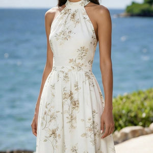 Vestido Casual de Verano de Alta Calidad Personalizado para Vacaciones en la <span class=keywords><strong>Playa</strong></span>, Vestido con Espalda Descubierta y Cuello Halter para Mujer, Estampado Floral - Product Image 3
