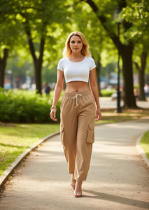 Pantalones Cargo para Mujer DOLADO, Cintura Alta, Largos, 100% Algodón Canvas, Corte Holgado, con Cordón, Casuales, Verano, Color Sólido - Product Image 2