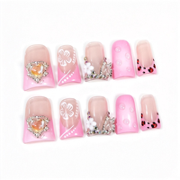 Faux ongles à presser européens et américains, motif bec de canard, style Sweet Girl Heart, transparents effet glace, imprimé léopard blush, style français, prêts à poser, pré-conçus