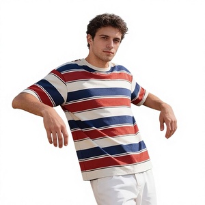 T-shirt décontracté à manches courtes pour homme, coupe ample, en coton 100% anti-boulochage, à col rond, tricoté, à rayures, motif rouge, bleu et blanc - Product Image 3