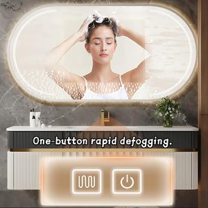 Mueble <span class=keywords><strong>de</strong></span> <span class=keywords><strong>Baño</strong></span> Moderno <span class=keywords><strong>de</strong></span> Lujo en Blanco y Negro, Montado en la Pared, con Cinco Cajones, Lavabo Integrado y Espejo Ovalado con Iluminación LED Inteligente - Product Image 3