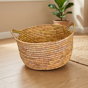 Panier à fruits rond en jonc de mer, pliable, avec poignée en PU, couleur personnalisable, vente en gros d'usine, Jermatz Limited JR-6 - Product Image 3