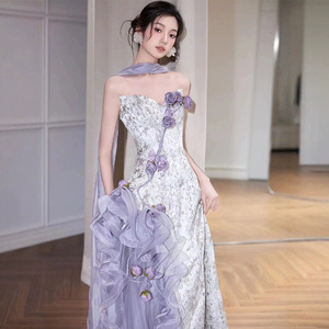 Elegante Vestaglia <span class=keywords><strong>da</strong></span> Sposa Viola, Abito <span class=keywords><strong>da</strong></span> <span class=keywords><strong>Cerimonia</strong></span> per Donne, Bellissimo Abito <span class=keywords><strong>da</strong></span> Sera, Stile Dolce con Fiori Fatti a Mano - Product Image 1