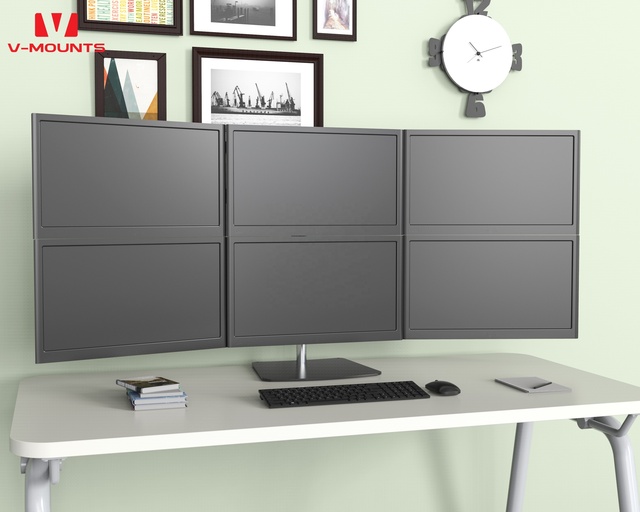 V-mounts New Ergonomic Monitor Arms Free Standing Stand for 6 Monitors with 75/100 VESA Compatibility 90 Degrees Tilt