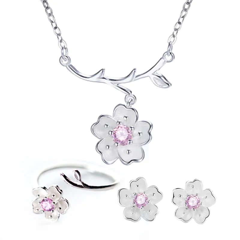 D3648 New Arrivals Special Jewellery Set 925 Silver Branch Short Flower Diamond Necklace Collarbone Forest Ring Earrings
