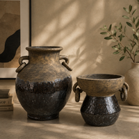 Vase en céramique Wabi Sabi, style rustique, marron caramel, deux tons, avec anse décorative, pour la décoration intérieure d'hôtels et de villas