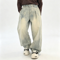 Nouveau pantalon en jean délavé bleu coupe droite ample et tendance - Style basique américain avec motif peint à la main