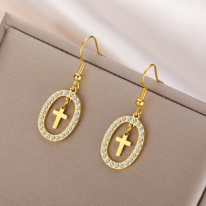 Pendientes <span class=keywords><strong>de</strong></span> Cruz Ovalados con Circonita Cúbica, Chapados en Oro, <span class=keywords><strong>de</strong></span> Acero Inoxidable, para Mujer, Joyería Religiosa Católica - Product Image 1