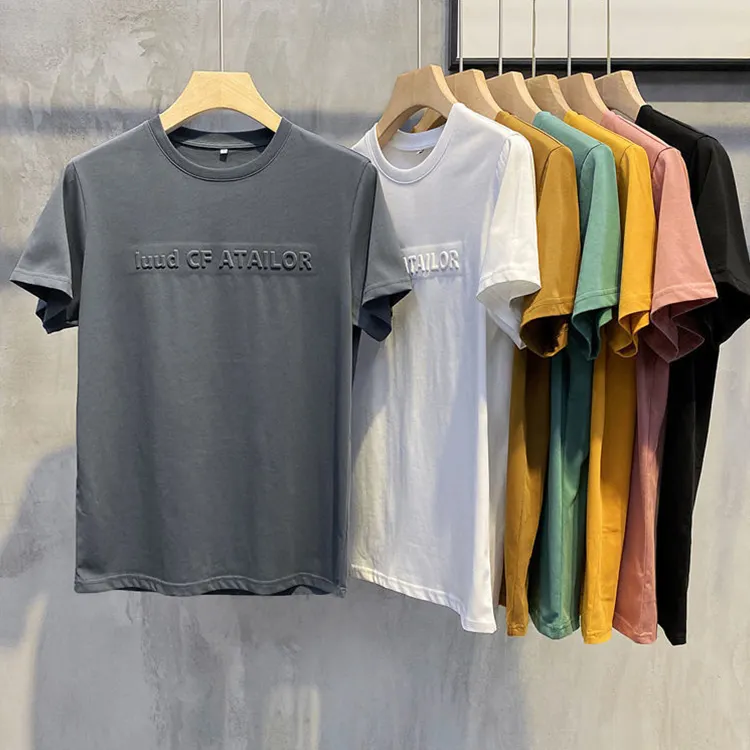 Bán Buôn 100% Cotton Dập Nổi Rắn Màu T-shirt Biểu Tượng Tùy Chỉnh Nổi Người Lớn Ngắn Tay Áo T Áo Sơ Mi