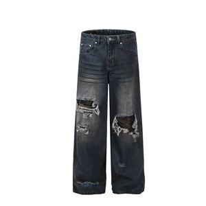Primavera otoño diseño personalizado Unisex hombres pantalones de mezclilla de alta calidad nueva moda lavado dañado <span class=keywords><strong>trompeta</strong></span> Jeans con pierna ancha - Product Image 2