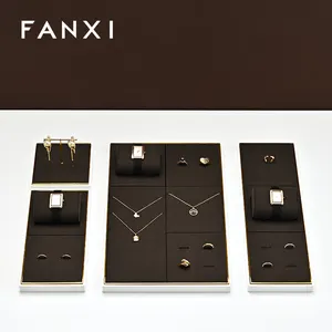 FANXI JS125 אופנה בצבע חום מתכת מיקרופייבר עיצוב ייחודי מגש תצוגת תכשיטים עם צלחת תכשיטים מרופדת