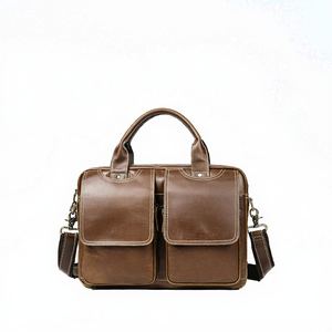 Brown Genuine Leather Briefcase <b>Men</b> Lap <b>Bag</b> Retro Crossbody Shoulder Handbag Large Capacity Zipper for <b>Work</b> Travel - Product Image 3