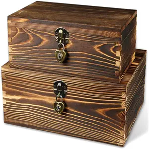 2包复古棕色木质多功能纪念品收集盒带锁和钥匙装饰木质珠宝储物盒