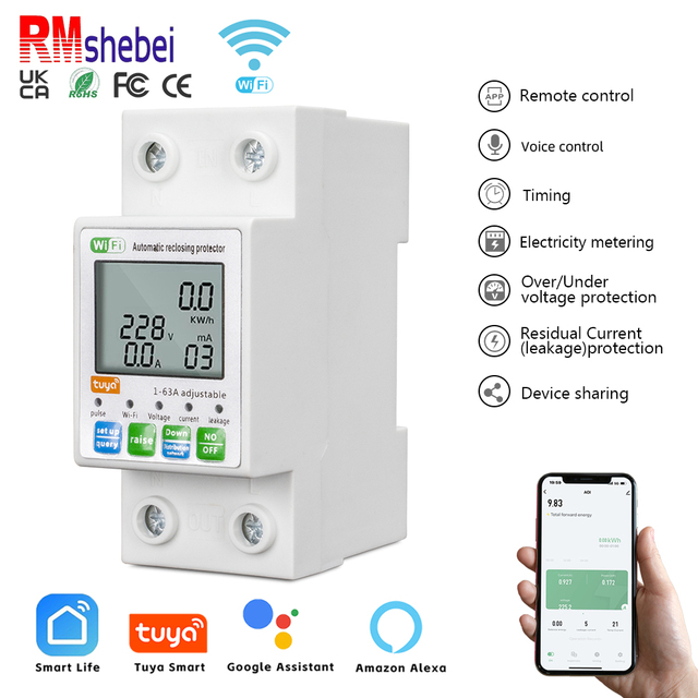 RMshebei 63A Miniature Circuit Breaker 2P Over Under Voltage Protector Energy Meter Wifi Digital Lcd Tuya Mcb Leakage Protection