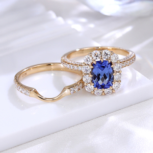 Conjunto <span class=keywords><strong>de</strong></span> anillos <span class=keywords><strong>de</strong></span> boda Anillo <span class=keywords><strong>de</strong></span> zafiro cultivado en laboratorio 10K Oro amarillo 8*10mm Oval Lab Grown Royal Blue Sapphire Wedding Band Set para novia - Product Image 4