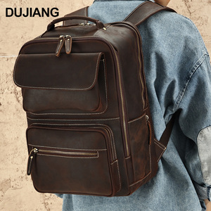 Dujiang Crazy Horse Leather <b>Backpack</b> Men Large Capacity Casual Travel Business Laptop Bag Solid Color 20L - Product Image 1
