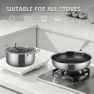 Lot de 6 ustensiles de cuisson antiadhésifs en acier inoxydable 18/10 triple couche alvéolé, comprenant casseroles, poêles, faitouts, poêle à sauter et marmite, résistants au four - Product Image 4