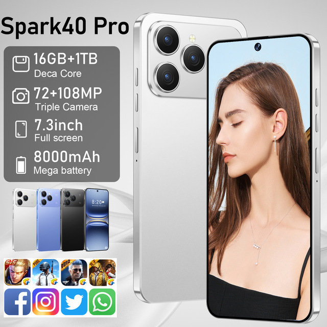 2025 New 5G LTE CDMA Smartphone Spark 40 Pro Perforated 7.3 Large Screen OLED 144Hz 65W Quick Charge Dual SIM Spanish Global