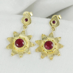 Vintage Gold Plated Brass Ruby Flower Earrings, Minimal <b>small</b> daily wear earrings with pink gemstone For Women Party Jewelry - Product Image 2