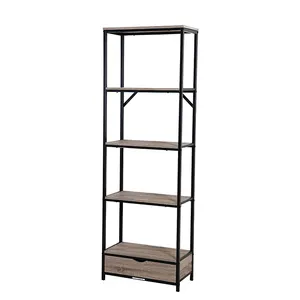 Современный дизайн, 4-ярусный деревянный книжный шкаф с металлической рамой и лестницей, книжная полка для хранения на продажу