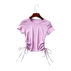 Camiseta sin mangas de yoga deportiva para correr en blanco informal para mujer con estampado de logotipo personalizado Camiseta de manga corta con cordones y cuello de color sólido.