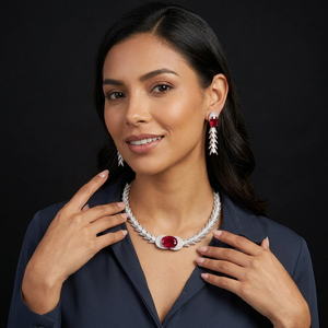Brass Silver Plated Cubic Zirconia <b>Ruby</b> Gemstone <b>Necklace</b> Set CZ Bridal Jewellery Set With Matching Earrings For Women - Product Image 1