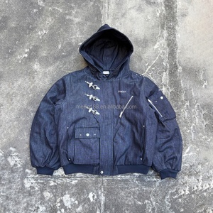 Oem Custom <b>Cropped</b> <b>Zip</b> <b>up</b> Raw Japanese Selvedge Denim Jackets Vintage Fireman Clasp Hooded Bomber Jeans Denim Jacket for Men - Product Image 1