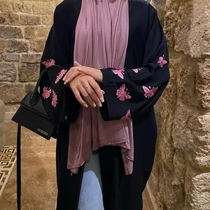 New Middle Eastern Women Butterfly Embroidered Kimono Arab Cardigan Kaftan Islamic Clothing Muslim Fashion Open Abaya Dresses