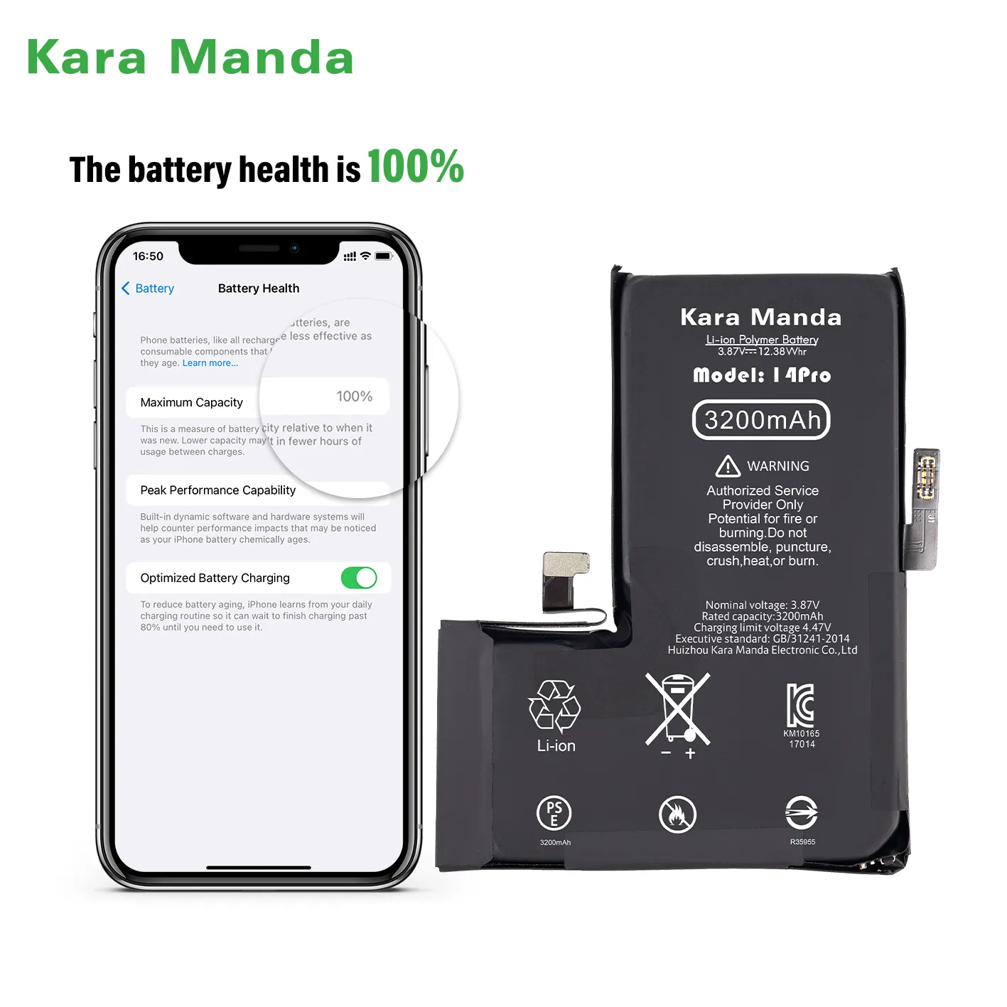 Kara Manda nouvelle batterie de téléphone KM pour Crack iPhone batterie résoudre Pop Up 100% santé pour iPhone 11 12 13 14 Pro Max batterie