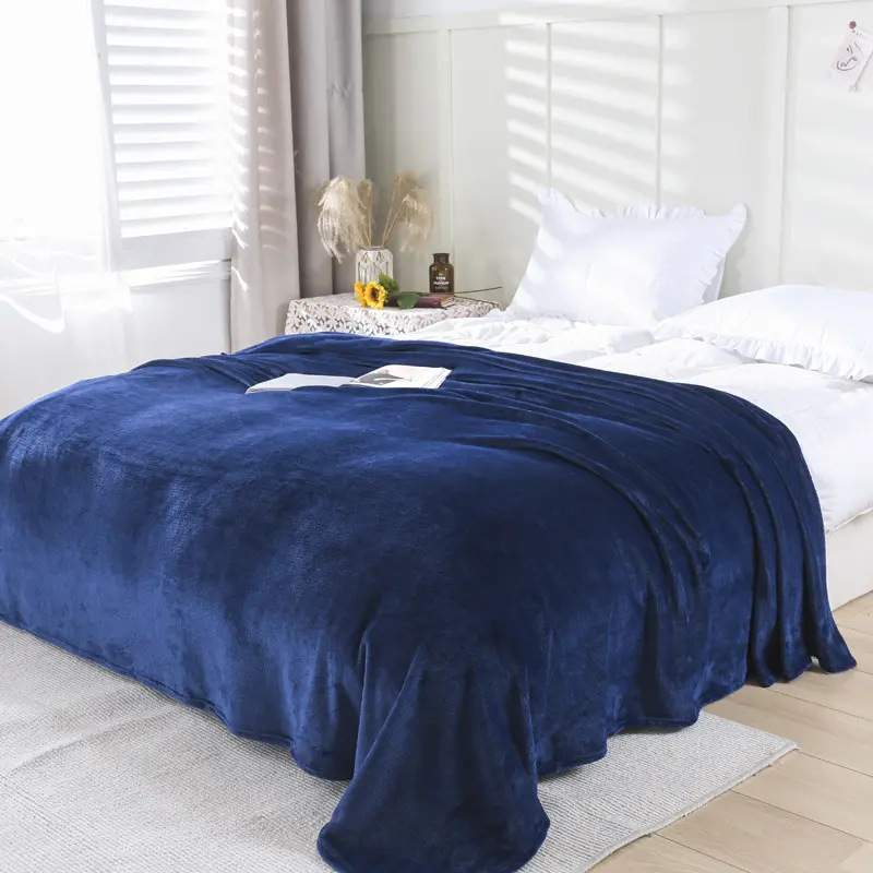 Single Size Thick Simple Plain Color Sofa Dark Blue Soft Microfiber Flannel Velvet Fleece Blanket