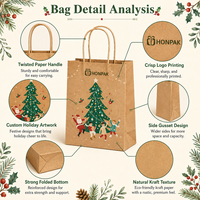 Sac cadeau en papier kraft personnalisé pour Noël, imprimé en couleur, avec poignée torsadée, emballage de vente au détail pour les fêtes, HONPAK