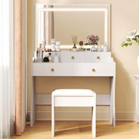 Coiffeuse moderne en bois avec miroir et éclairage LED, 5 tiroirs, station de charge, et chaise, pour chambre et salon, à intensité variable