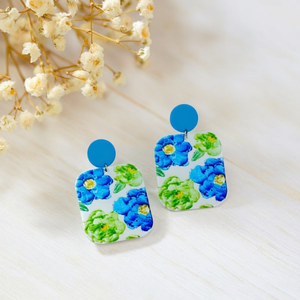 Boucles d'oreilles carrées à imprimé floral, fleurs bleues et vertes, résine acrylique, bijoux de mode pour femmes, ensemble de 12 pièces - Product Image 3