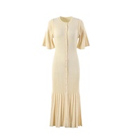 Vestido de punto acanalado liso con botones, cuello y cintura natural, mangas cortas en contraste, diseño nuevo, moda casual de verano, venta al por mayor, personalizado