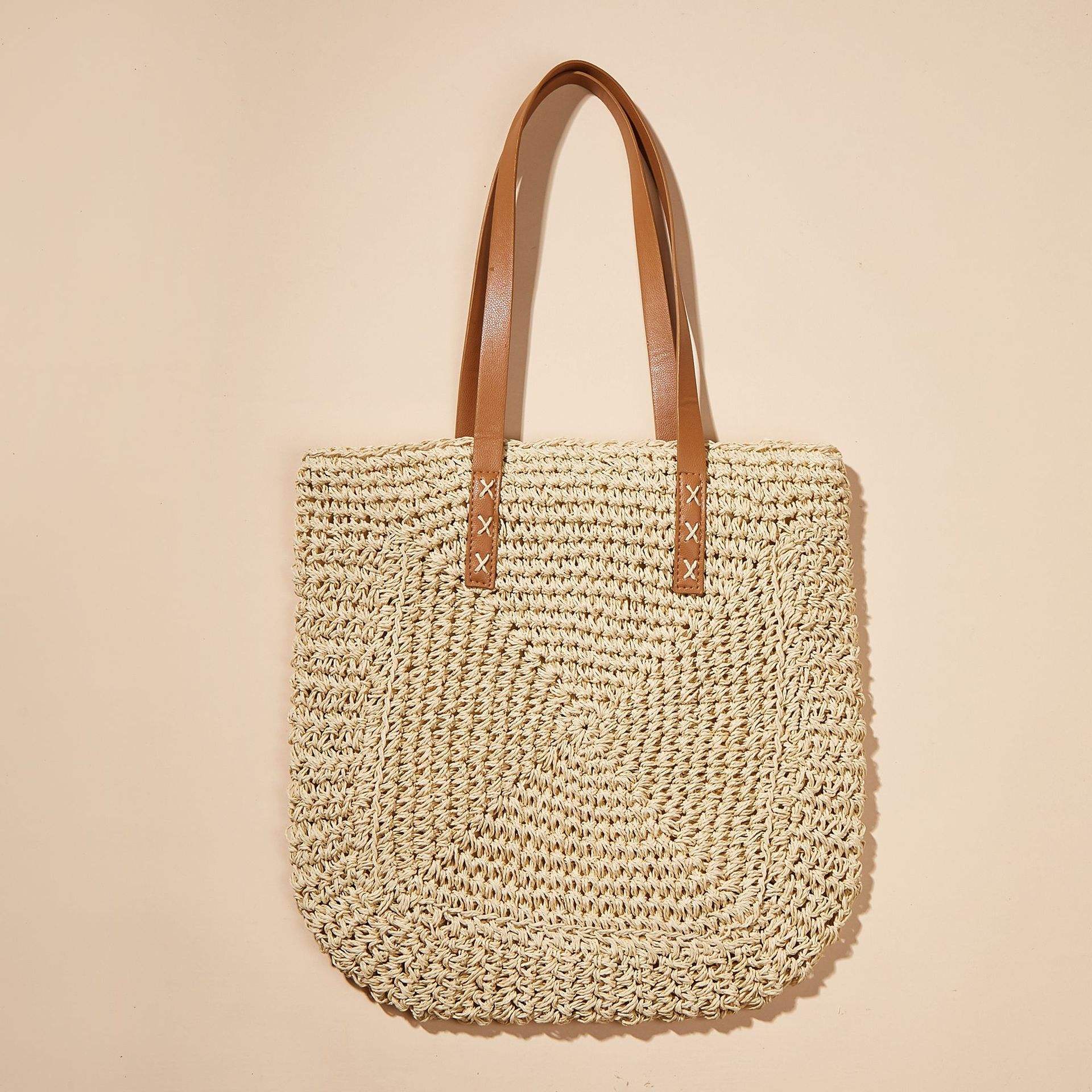 Large Straw Beach Bag with Leather Handle Perfect for Summer