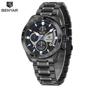 Benyar Multifunctional Chronograph Date <b>Black</b> Steel Men's Sporty Quartz <b>Watch</b> By-5201 - Product Image 1