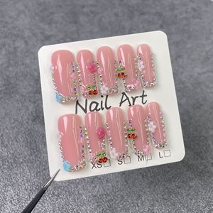 TSZS 10 <span class=keywords><strong>Uñas</strong></span> Postizas Largas Cuadradas Hechas a Mano Reutilizables con Diseño 3D <span class=keywords><strong>de</strong></span> Flor Rosa Dulce, Perla y Diamante Oceánico para Verano - Product Image 5