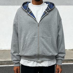 Wholesale Heavyweight Sudaderas Con Capucha Custom Logo Checkered Drop Shoulder <b>Hoodie</b> Cotton Reversible Oversized <b>Zip</b> <b>Up</b> <b>Hoodie</b> - Product Image 2