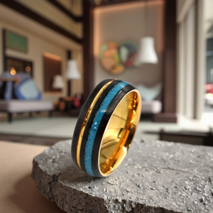 POYA 8mm <span class=keywords><strong>anelli</strong></span> di tungsteno nero spazzolato con intarsio turchese schiacciato interno dorato <span class=keywords><strong>per</strong></span> matrimonio o anniversario di fidanzamento maschile - Product Image 2