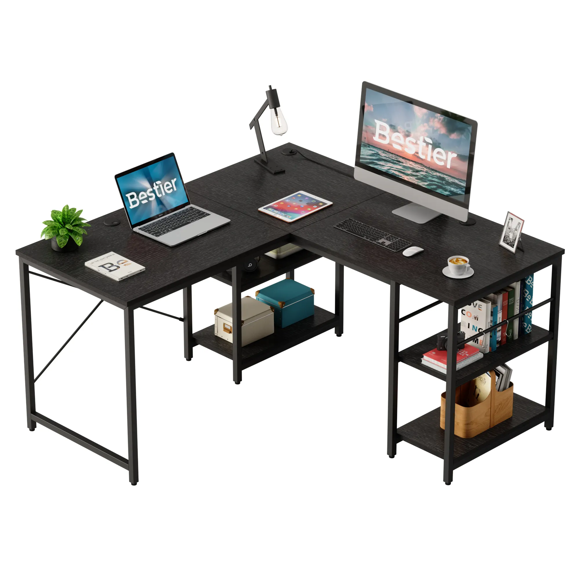 BESTIER Home Office Furniture Space Saving Wood Metal Frame L shaped Large Corner PC Computer Corner Table Desk with Storage She