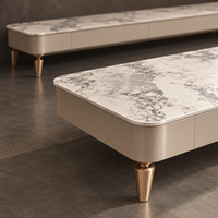 WYRAX Executive Lounge, aspect marbre, avec rangement dissimulé et console multimédia basse assortie sur pieds dorés
