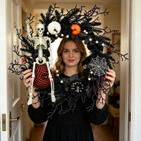 Couronne de fleurs séchées, couronne florale noire faite à la main pour la porte d'entrée, décoration murale pour la maison, ornement d'Halloween