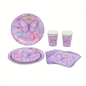 Juego de Vajilla de Mariposas para Fiesta de Cumpleaños al por Mayor, Kit de Artículos para Fiesta de Mariposas que Incluye Platos, Servilletas y Vasos - Product Image 1